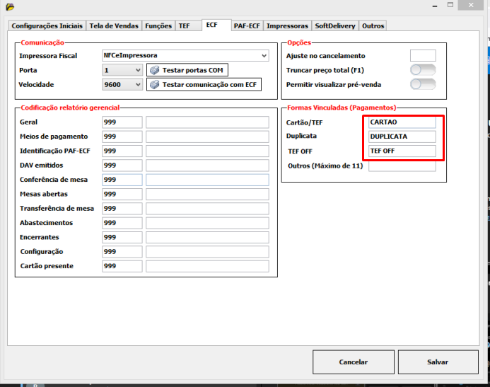 Configurações do Caixa - Aba ECF