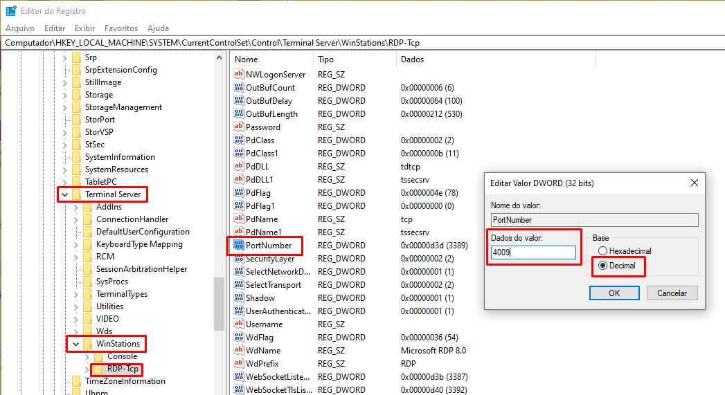 Exemplo de registro do Windows