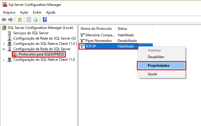 Configurações de rede do SQL Server