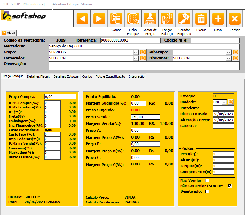 Tela de cadastro de mercadorias no Softshop.