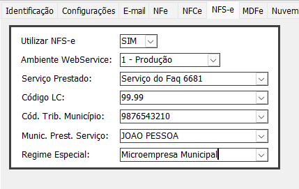 Tela de configurações de NFS-e da empresa.