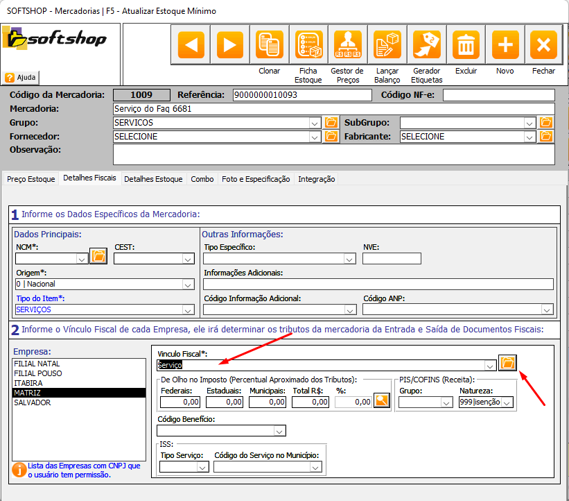 Tela de detalhes fiscais de mercadorias no Softshop.