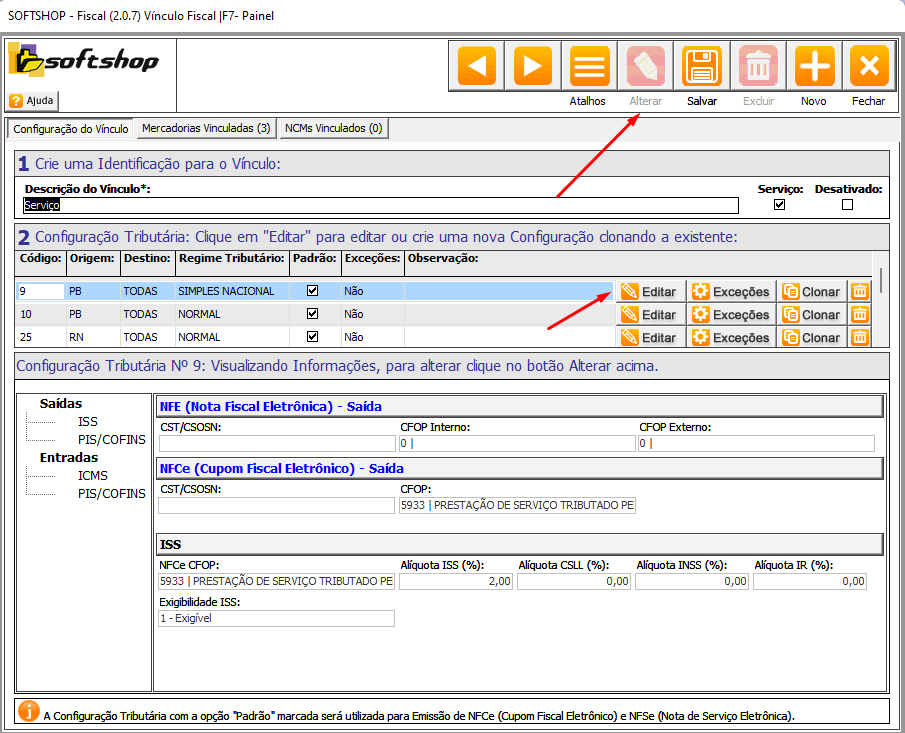 Botões 'Alterar' e 'Editar' no Softshop.
