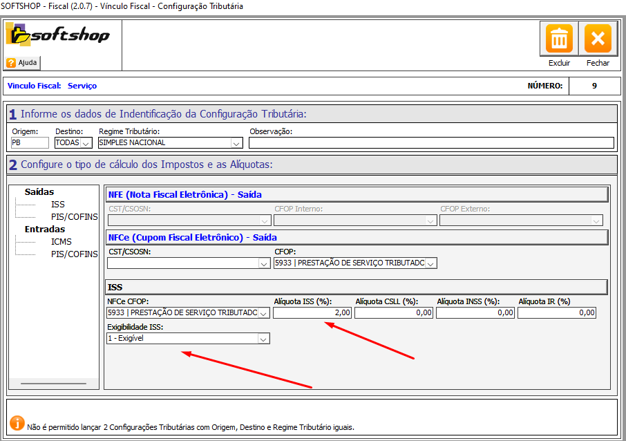 Aba de saídas de ISS no Softshop.