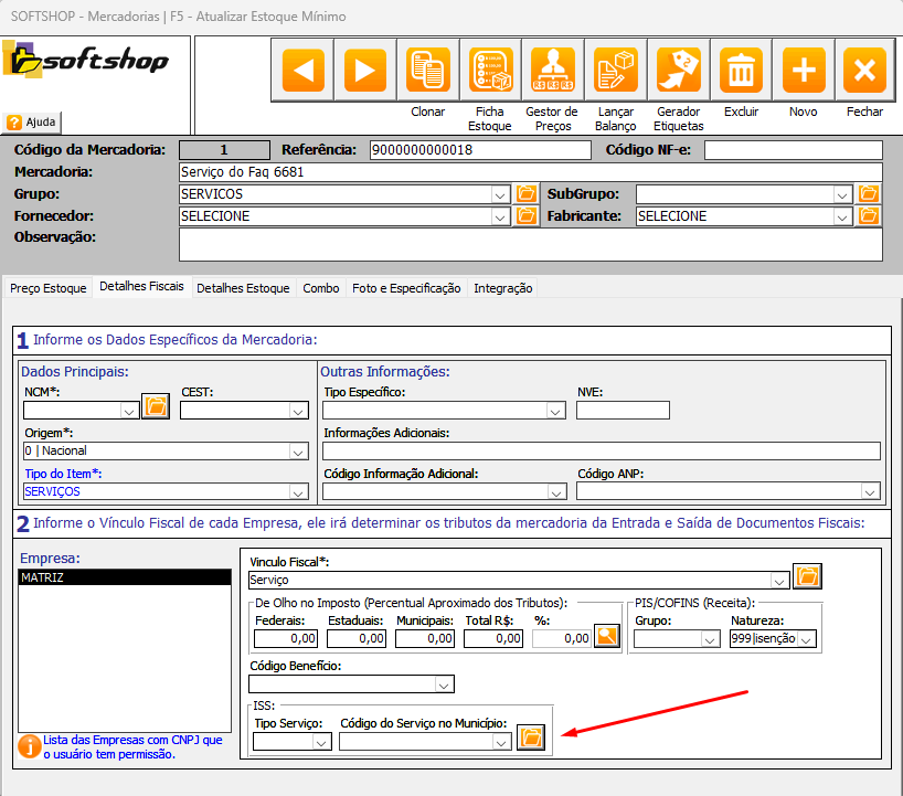 Tela de cadastro de serviço por formulário no Softshop.