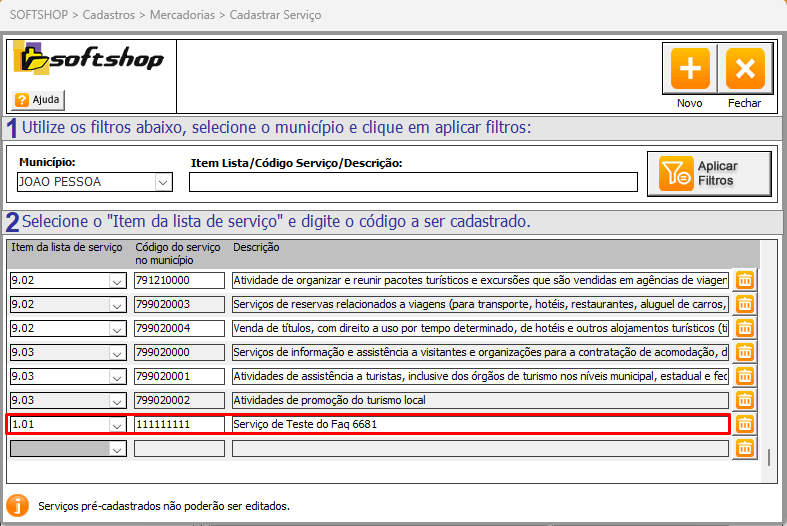 Tela de preenchimento dos campos para cadastro de serviço.