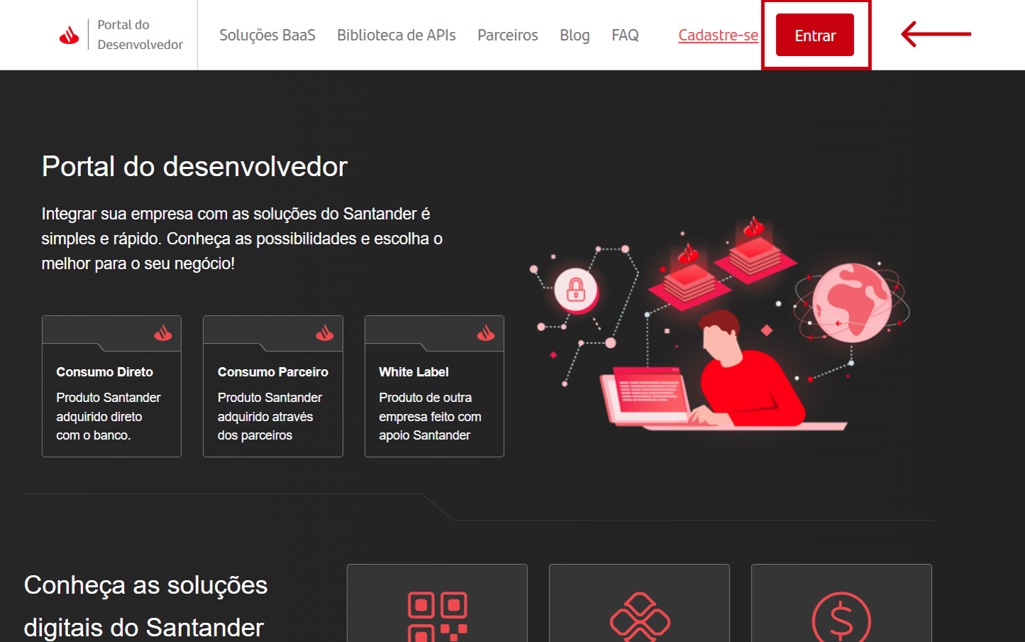 Botão Entrar no Portal Developers Santander.