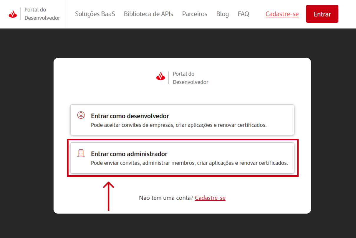 Botão Entrar como administrador.