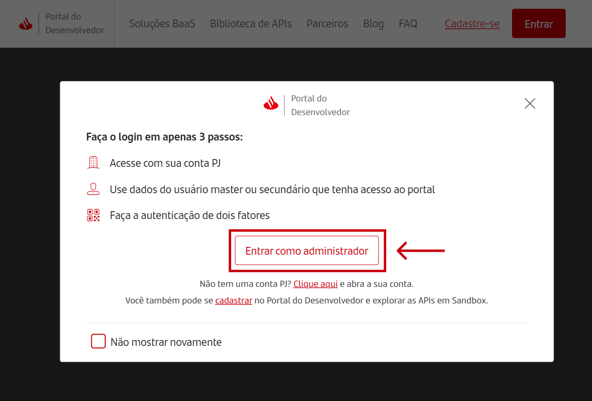 Clique novamente em Entrar como administrador.