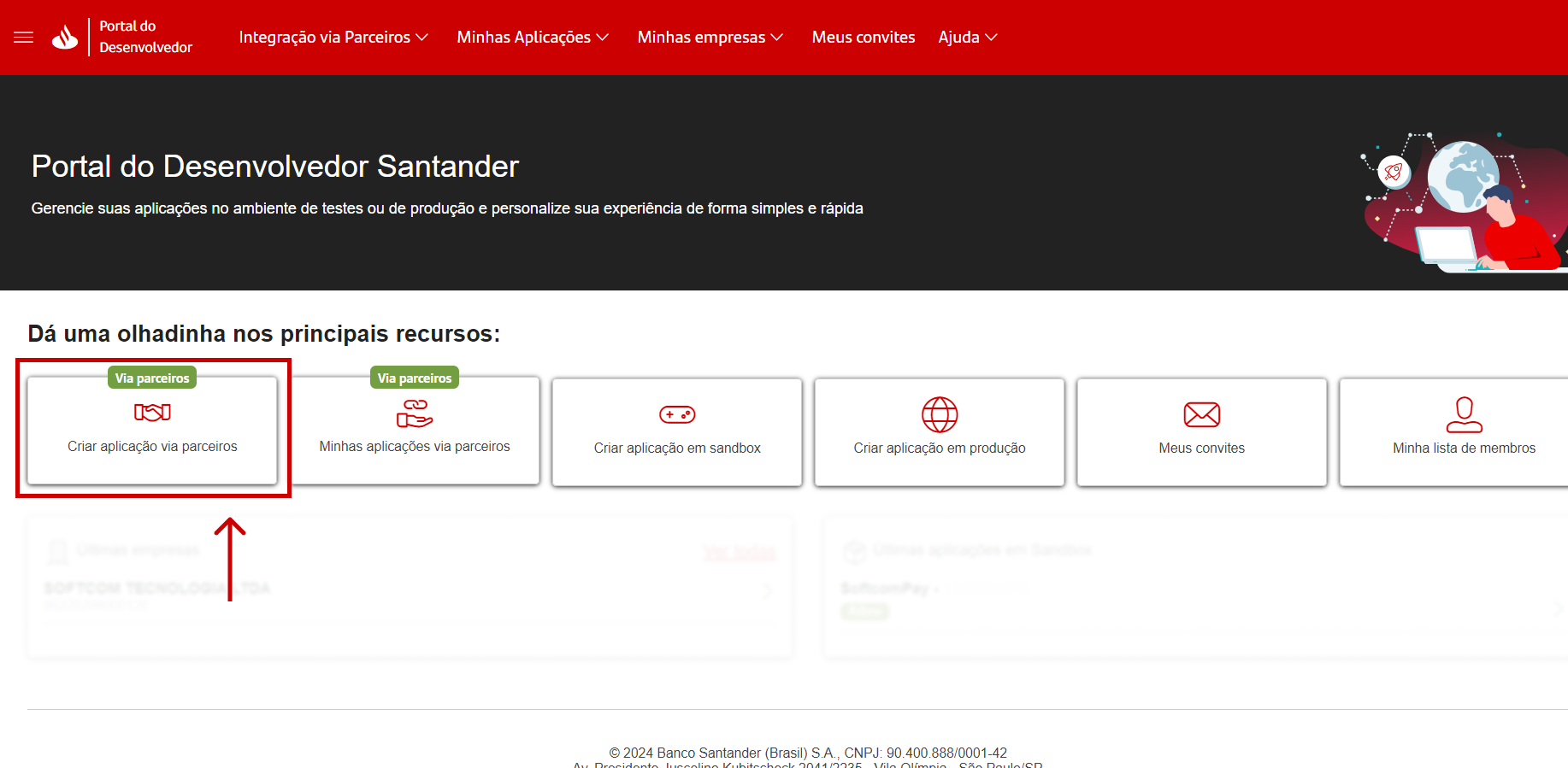 Botão Criar aplicação via parceiros.