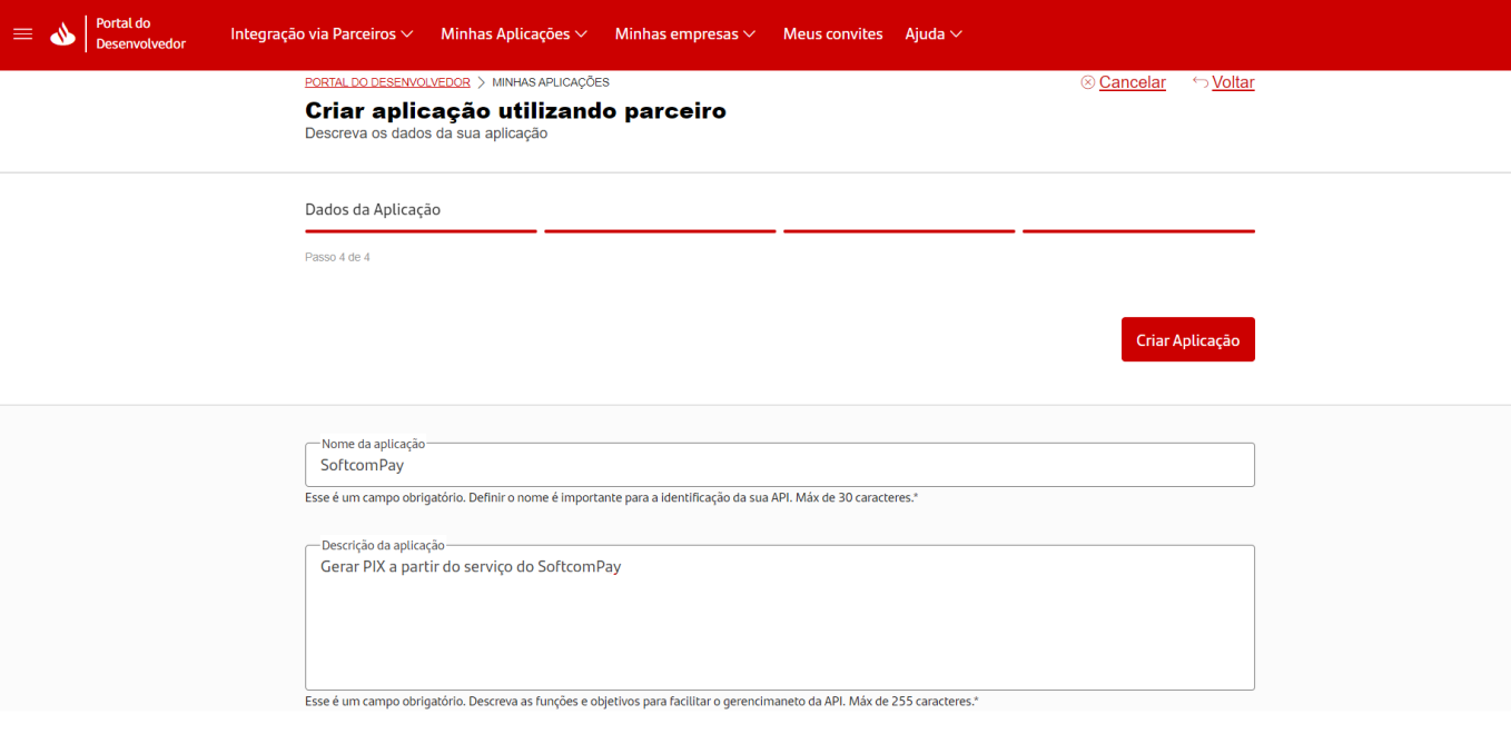 Preenchimento do nome e descrição da aplicação.