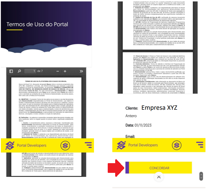 Tela de termos de uso.