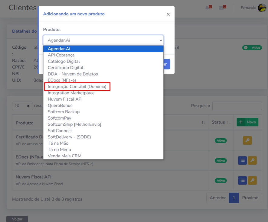 Criar serviço no cadastro do cliente