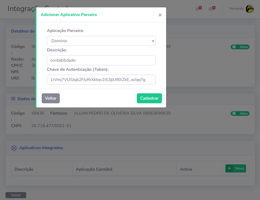Acessar serviço, selecionar aplicação e adicionar chave