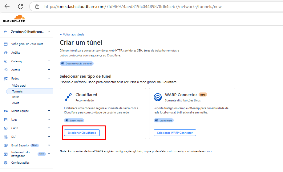 Imagem mostrando a tela de criação de túnel