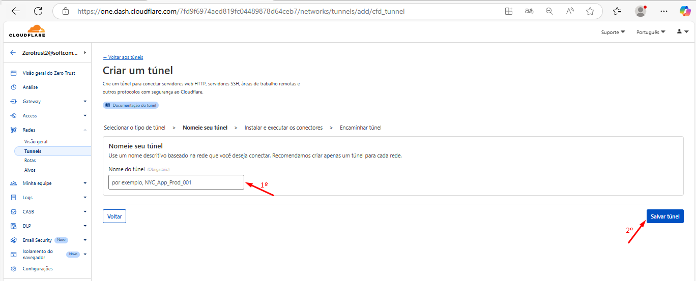 Imagem mostrando a configuração do túnel